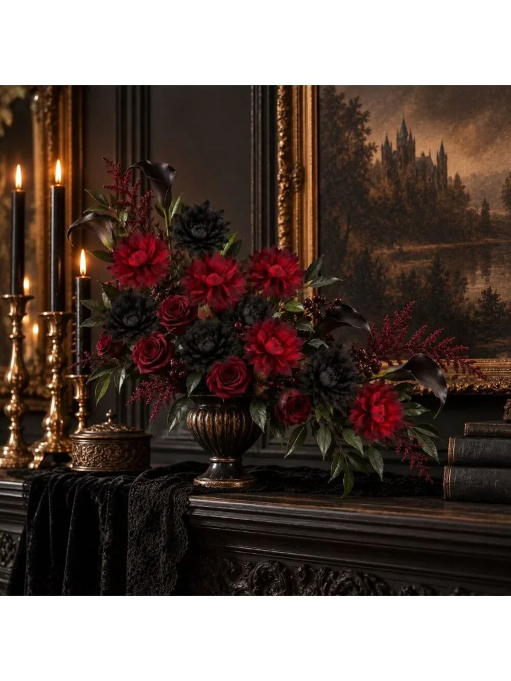 Black Red Artificial Mum Dahlia Style Bouquet, Gothic Wedding Bouquet, Alternati